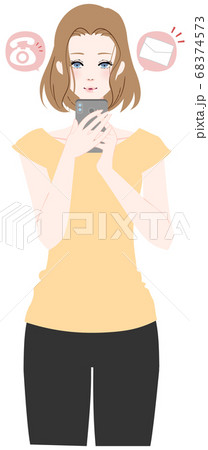 スマホでメールや電話をチェックする女性のイラスト素材 スマホでメールや電話をチェックする女性のイラスト素材