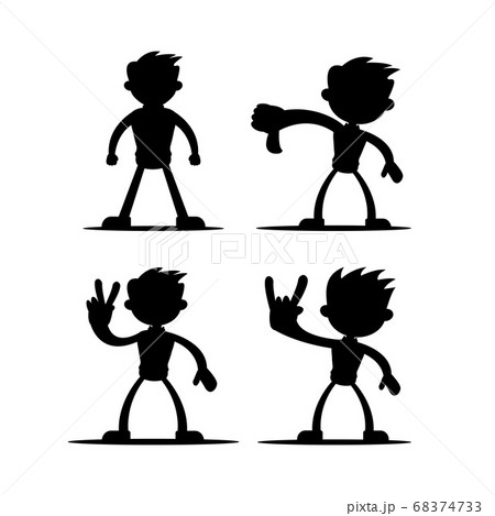 Set of four vector illustrations of silhouettes of boy cartoon character in various gestures in black isolated on white color background. Vol 3. 68374733