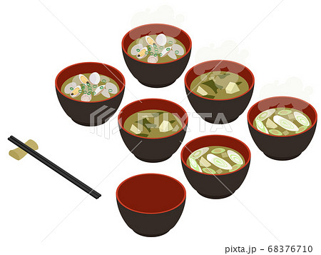 アサリ 豆腐 ネギのお味噌汁のアイソメトリックイラストセットのイラスト素材