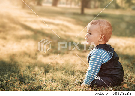 little nine month old baby sitting in the park 68378238