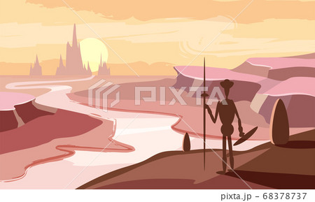 Fantastic mountain landscape, valley, river, sunset, mountains, knight, Cartoon style, vector illustration 68378737