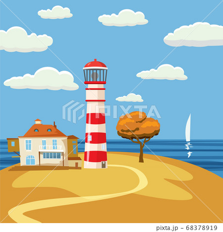 Lighthouse on rocky coast, house. Landscape with ocean, trees and rocks. Travel background. Illustration, vector, isolated Lighthouse on rocky coast, house. Landscape with ocean, trees and rocks. Travel background. Illustration, vector, isolated 68378919