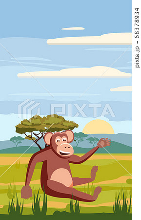 Monkey on the background of the African landscape, savanna, Cartoon style Monkey on the background of the African landscape, savanna, Cartoon style 68378934