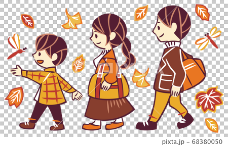 秋の紅葉狩り旅行にお出かけする家族のイラスト素材