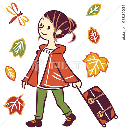 秋の紅葉狩りへ一人旅に出かける女性のイラスト素材