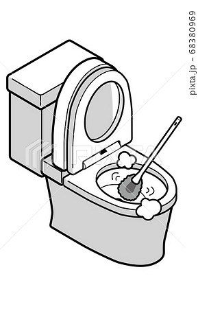ブラシで掃除中の洋式トイレのイラスト素材