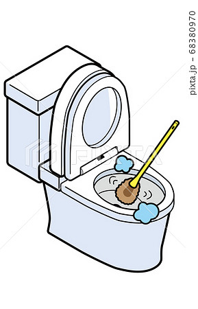 ブラシで掃除中の洋式トイレのイラスト素材
