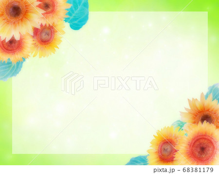 ひまわりとキラキラ黄緑 ホワイトスペース 背景フレーム 横のイラスト素材