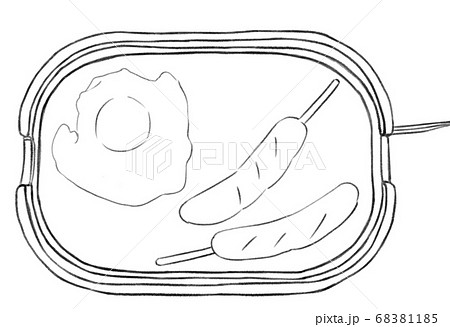 ホットプレートで目玉焼きとフランクフルト 線画のイラスト素材