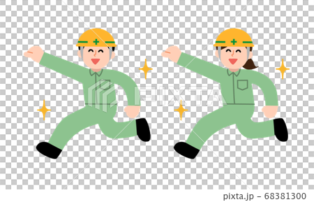 ガッツポーズしながら走る男性女性ヘルメット作業員 シンプルカラー のイラスト素材