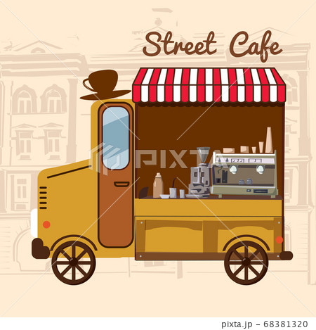 Street cafe shop on wheels, track van coffee, cartoon style, car, vector illustration 68381320