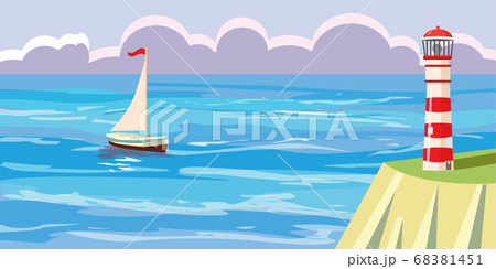 Seascape, sailboat, lighthouse, vector illustration, cartoon style, isolated 68381451
