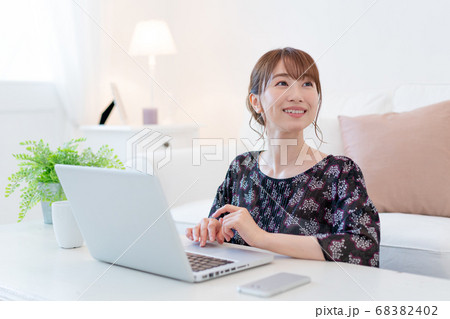 リビングでズームで友達と話をしながらお茶を飲む若い女性 リビングでズームで友達と話をしながらお茶を飲む若い女性 68382402