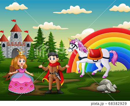 Cartoon princess and prince in front the castle - Stock Illustration  [68382929] - PIXTA