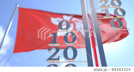 Thermometer shows 0 zero air temperature near waving flag of Hong Kong. Weather forecast conceptual 3D rendering Thermometer shows 0 zero air temperature near waving flag of Hong Kong. Weather forecast conceptual 3D rendering 68383324
