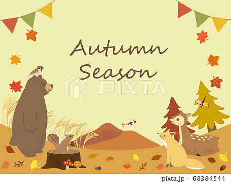 秋の動物たちの可愛いメッセージカードのイラスト素材