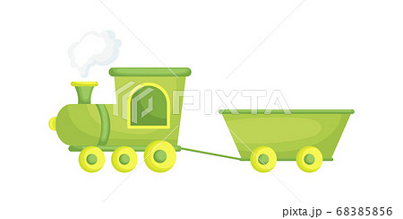 Green-yellow cartoon train for children isolated on white background, colorful train in flat style, simple design.  68385856