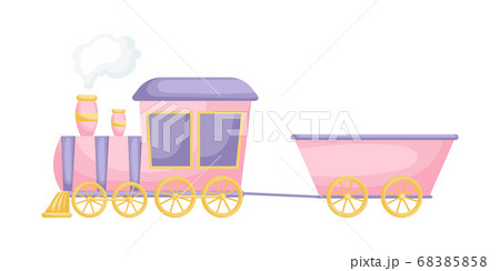 Pink-purple cartoon train for children isolated on white background, colorful train in flat style, simple design.  68385858