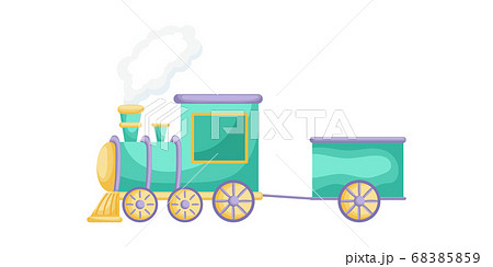 Green cartoon train for children isolated on white background, colorful train in flat style, simple design.  68385859