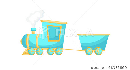 Turquoise-yellow cartoon train for children isolated on white background, colorful train in flat style, simple design.  68385860