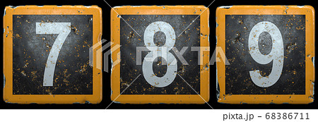 Public road sign orange and black color with a set of numbers 7, 8, 9 in the center isolated on black background. 3d Public road sign orange and black color with a set of numbers 7, 8, 9 in the center isolated on black background. 3d 68386711