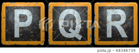 Public road sign orange and black color with a capital set of letters P, Q, R in the center isolated on black background. 3d Public road sign orange and black color with a capital set of letters P, Q, R in the center isolated on black background. 3d 68386739