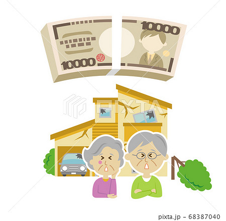 自然災害で修理費用がかかるシニア夫婦と住宅のイラストイメージ 68387040