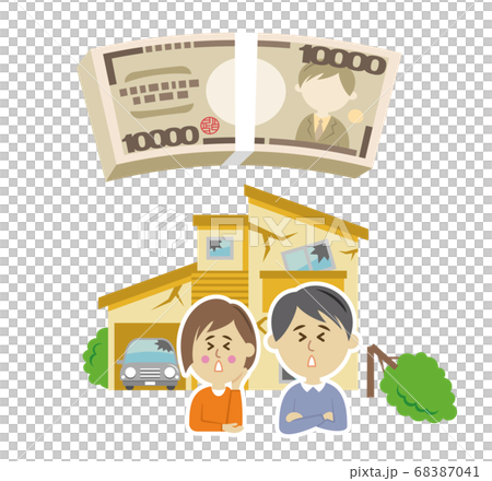 自然災害で修理費用がかかる若い夫婦と住宅のイラストイメージ 68387041