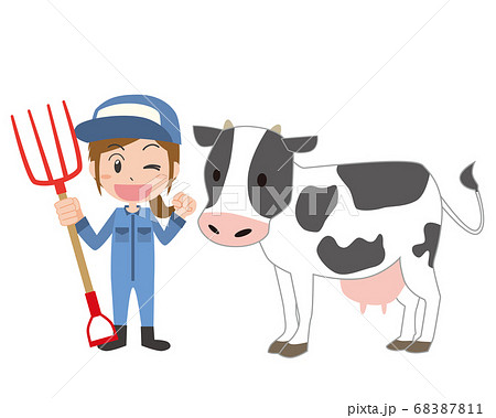 酪農家の女性と乳牛のイラスト素材