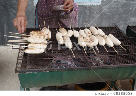 Roasted or grilled banana on hot barbecue oven 68388658