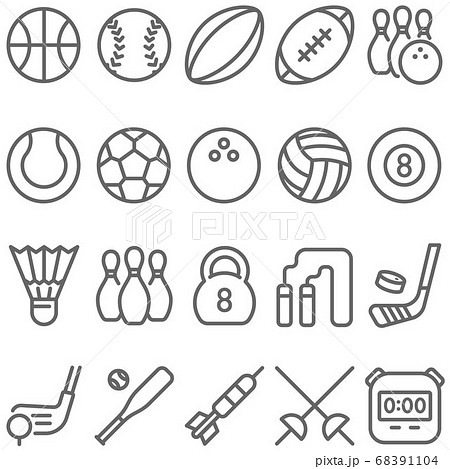 Sport icon illustration vector set. Contains such icon as Football, Soccer, Bowling, Golf, Volleyball , Billiards, Hockey, Basketball and more. Expanded Stroke 68391104