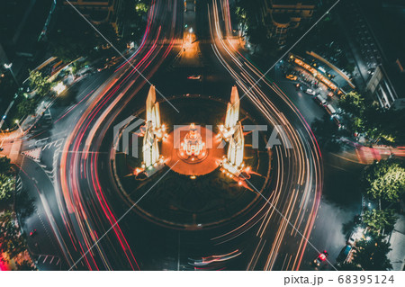 Aerial view of Democracy Monument by night in old town Bangkok Thailand 68395124