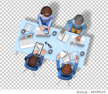 俯瞰から見た 4人の会議中のビジネスマンの3dイラストのイラスト素材