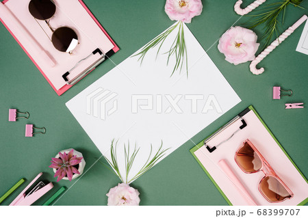 Creative workspace with stationary and sunglasses 68399707