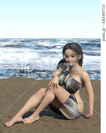 海辺で座っている水着を着たおさげ髪の少女のイラスト素材