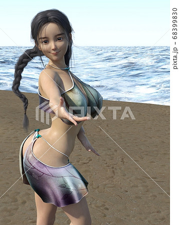 海辺で手を差し伸べる水着姿のおさげ髪の少女のイラスト素材 6990