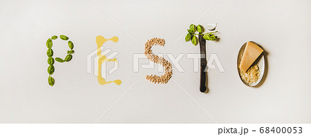 Ingredients forming word pesto over white plain Ingredients forming word pesto over white plain 68400053