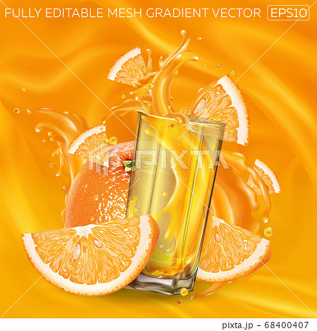 Oranges and a glass of splashing juice on a background of fruit juice. 68400407