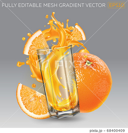 Splash of fruit juice in a glass, whole and sliced orange. 68400409