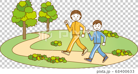 公園でウォーキングをしている男の子と女の子のイメージイラストのイラスト素材