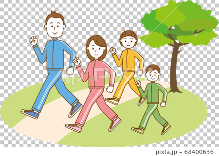 公園でウォーキングをしている4人家族のイメージイラストのイラスト素材
