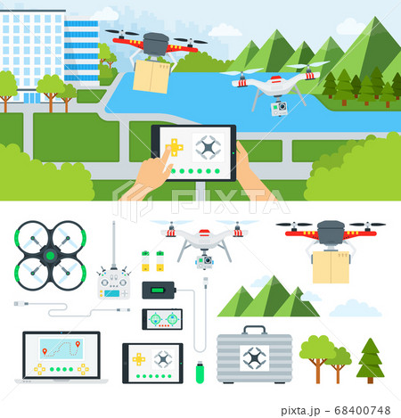 Controlling a drone against the backdrop of a cityscape vector illustration in flat design Controlling a drone against the backdrop of a cityscape vector illustration in flat design 68400748