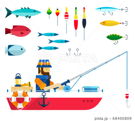 Set of varieties of fish, floats, hooks and fisherman with fishing rod in a boat vector illustration Set of varieties of fish, floats, hooks and fisherman with fishing rod in a boat vector illustration 68400809