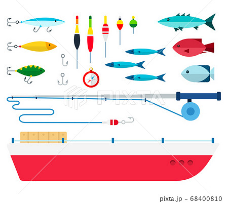 Set vector flat icons of fishing gear. Different equipment for fishing enthusiasts. 68400810