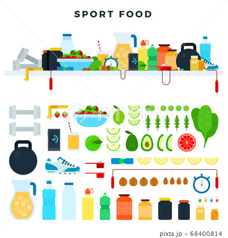 Set vector icons sport food in flat design. Concept healthy and athletic lifestyle. 68400814