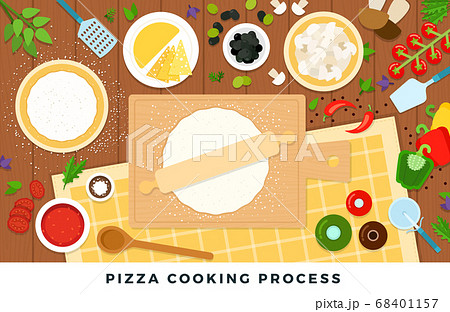 Pizza cooking process. Vector flat illustrations. Set of products and tools for pizza cooking on wooden table. Pizza cooking process. Vector flat illustrations. Set of products and tools for pizza cooking on wooden table. 68401157