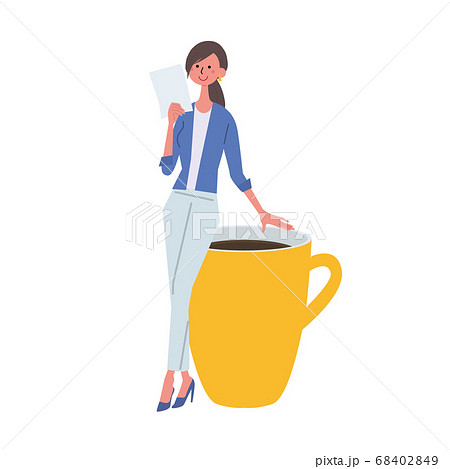 コーヒーカップに寄りかかる 書類を手にする女性 イラストのイラスト素材