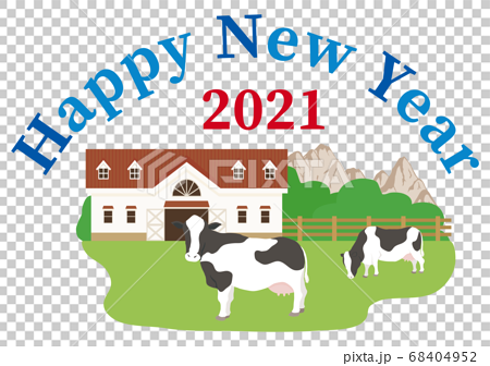 牧場と牛 Happy New Yearロゴのイラスト素材