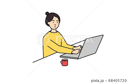 真剣な顔でリモートワークに取り組む女性のイラスト素材