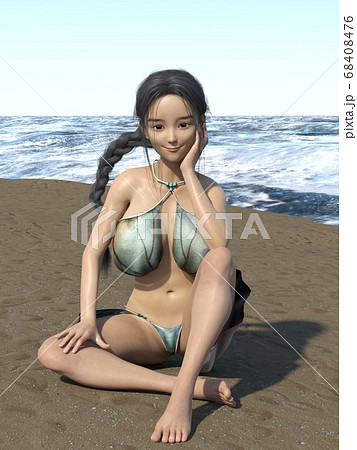 海辺でひざを立てて座っている水着を着たおさげ髪の少女のイラスト素材
